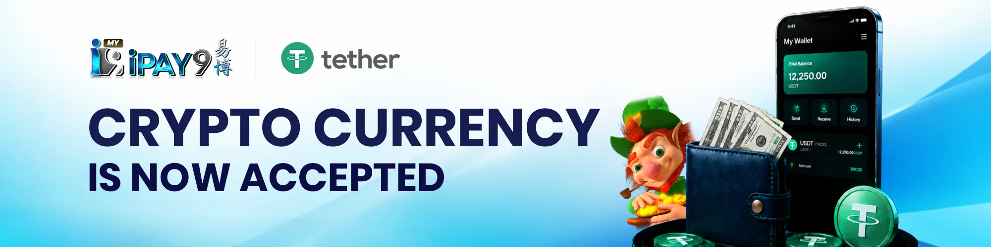 Smartphone wallet, leprechaun, cash, USDT coins, and IPAY9 Tether logos.