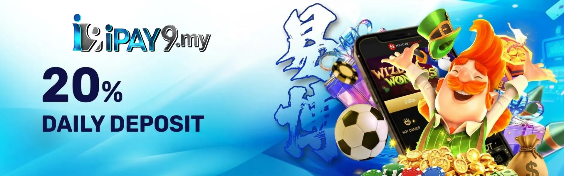 IPAY9 20% DAILY DEPOSIT banner with smartphone games, chips, coins and a leprechaun.