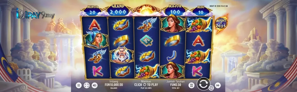 Might of Zeus online slot game interface featuring reels filled with Greek gods, laurels, winged sandals, and cornucopias, flanked by Malaysian flags and ancient temple pillars, with the IPAY9.my logo in the top left corner.