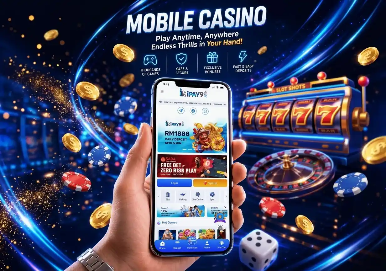 Hand holding a smartphone displaying the IPAY9 app with slot machine and dice.