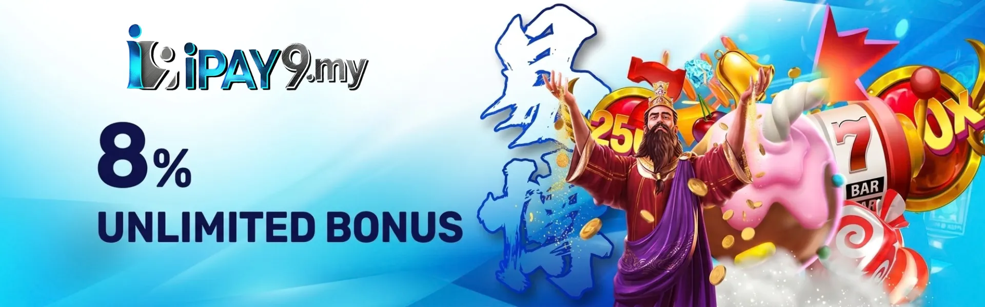 IPAY9 8% unlimited bonus banner with God of Wealth character and slot game.