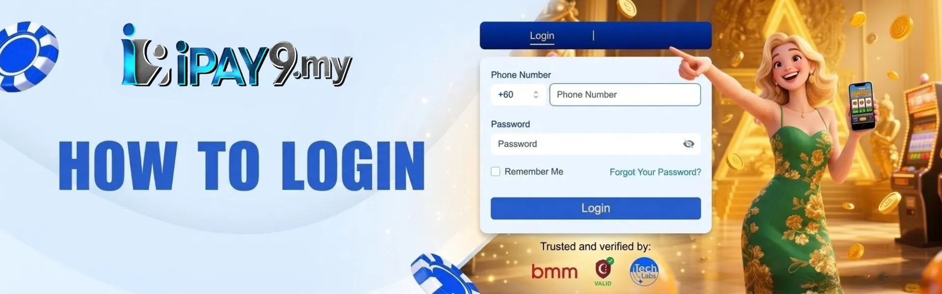 IPAY9 login guide banner with login form, blonde woman, and casino chips